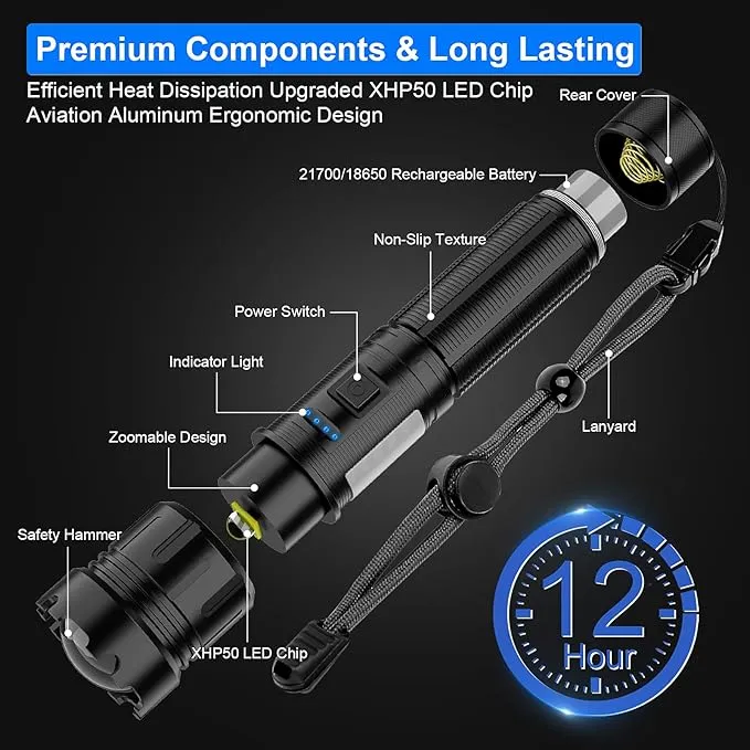 Rechargeable Flashlights High Lumens, 10000LM Powerful Tactical Flashlights, 7 Modes LED Flashlight Adjustable, Brightest Flashlight Waterproof, Handheld Flash Light for Emergencies, Camping, Hiking