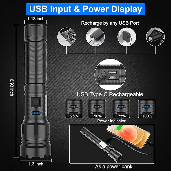 Rechargeable Flashlights High Lumens, 10000LM Powerful Tactical Flashlights, 7 Modes LED Flashlight Adjustable, Brightest Flashlight Waterproof, Handheld Flash Light for Emergencies, Camping, Hiking