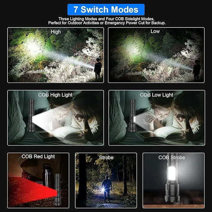 Rechargeable Flashlights High Lumens, 10000LM Powerful Tactical Flashlights, 7 Modes LED Flashlight Adjustable, Brightest Flashlight Waterproof, Handheld Flash Light for Emergencies, Camping, Hiking