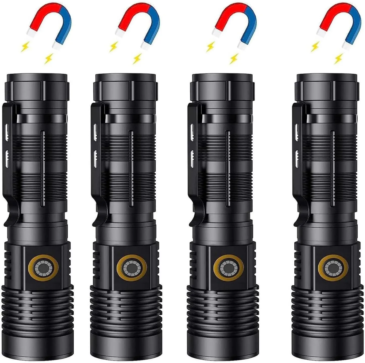 Rechargeable Flashlights High Lumens - 1500 Meters Long Beam Super Bright LED Magnetic Flashlight USB Zoomable 5Modes Small Long Beam Spotlight Flashlight for Hiking, Camping, 4pcs