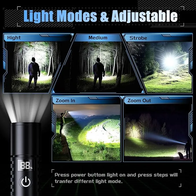 Rechargeable Flashlights High Lumens - 900000LM Super Bright Flashlight - High Power Flashlight with LCD Display, Zoomable, Waterproof, Handheld Flashlights for Emergencies, Camping - 2 Pack, Medium