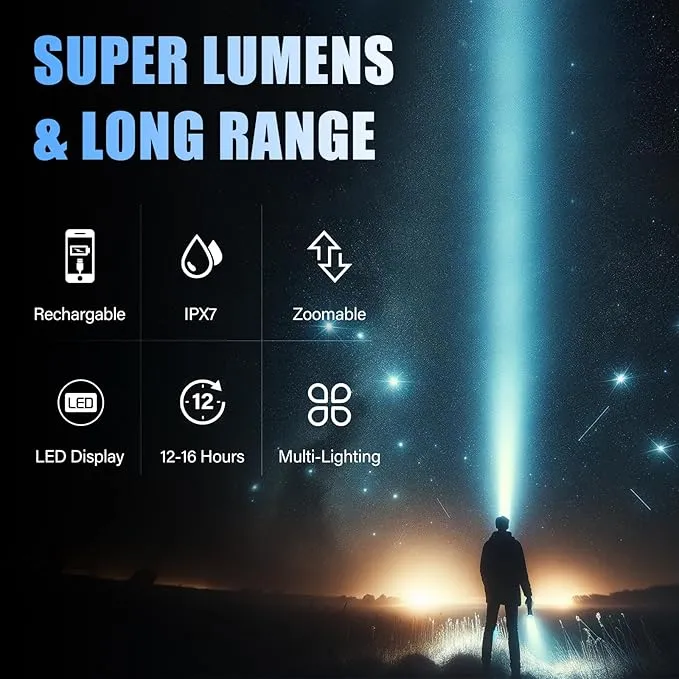 Rechargeable Flashlights High Lumens - 900000LM Super Bright Flashlight - High Power Flashlight with LCD Display, Zoomable, Waterproof, Handheld Flashlights for Emergencies, Camping - 2 Pack, Medium