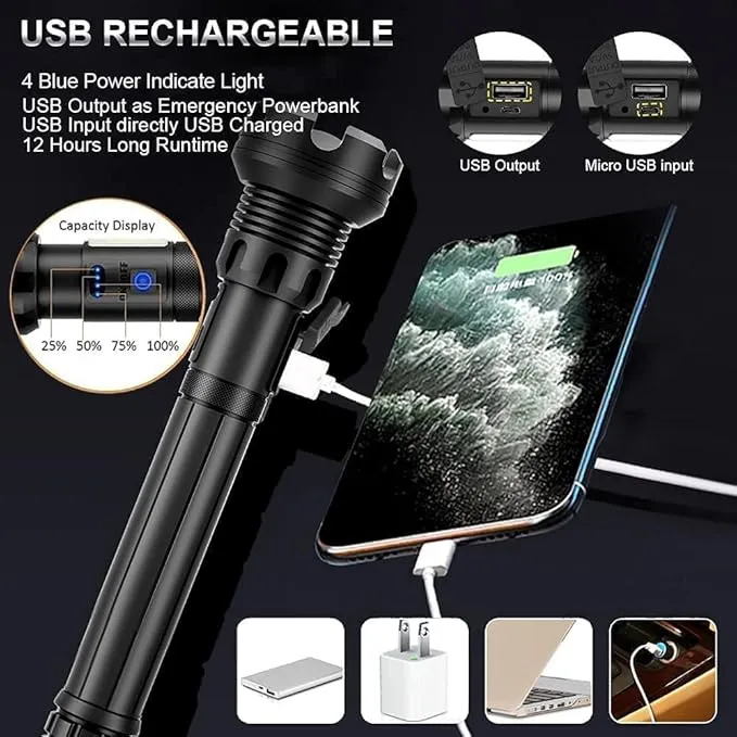 Rechargeable Flashlights Long Rang Zoom Adjustable Rechargeable XHP90 LED Flashlight Torch Waterproof LED Flash Light with Power Bank Function - Camping Essentials