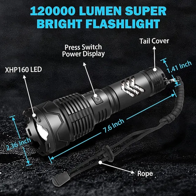 Rechargeable LED Flashlights High Lumens 120000 Lumens Super Bright Powerful Tactical Flashlight XHP160 Brightest Super Bright Powerful Flashlights Zoomable Waterproof Flashlight for Emergencies