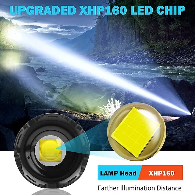 Rechargeable LED Flashlights High Lumens 120000 Lumens Super Bright Powerful Tactical Flashlight XHP160 Brightest Super Bright Powerful Flashlights Zoomable Waterproof Flashlight for Emergencies