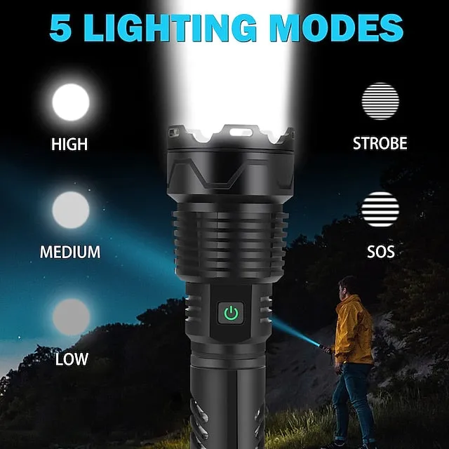 Rechargeable LED Flashlights High Lumens 120000 Lumens Super Bright Powerful Tactical Flashlight XHP160 Brightest Super Bright Powerful Flashlights Zoomable Waterproof Flashlight for Emergencies