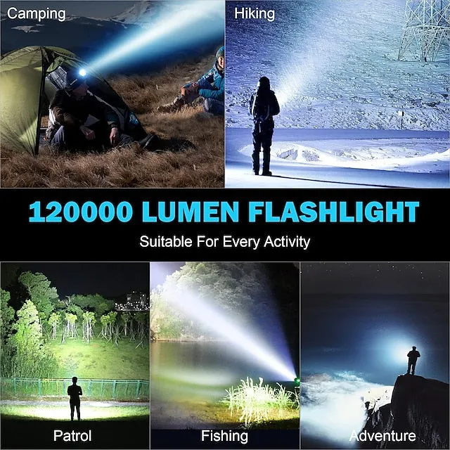 Rechargeable LED Flashlights High Lumens 120000 Lumens Super Bright Powerful Tactical Flashlight XHP160 Brightest Super Bright Powerful Flashlights Zoomable Waterproof Flashlight for Emergencies