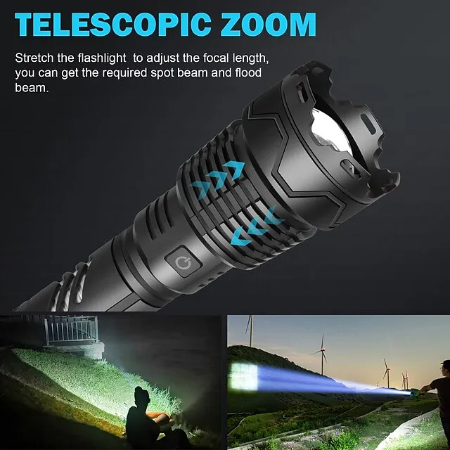 Rechargeable LED Flashlights High Lumens 120000 Lumens Super Bright Powerful Tactical Flashlight XHP160 Brightest Super Bright Powerful Flashlights Zoomable Waterproof Flashlight for Emergencies