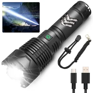 Rechargeable LED Flashlights High Lumens 120000 Lumens Super Bright Powerful Tactical Flashlight XHP160 Brightest Super Bright Powerful Flashlights Zoomable Waterproof Flashlight for Emergencies
