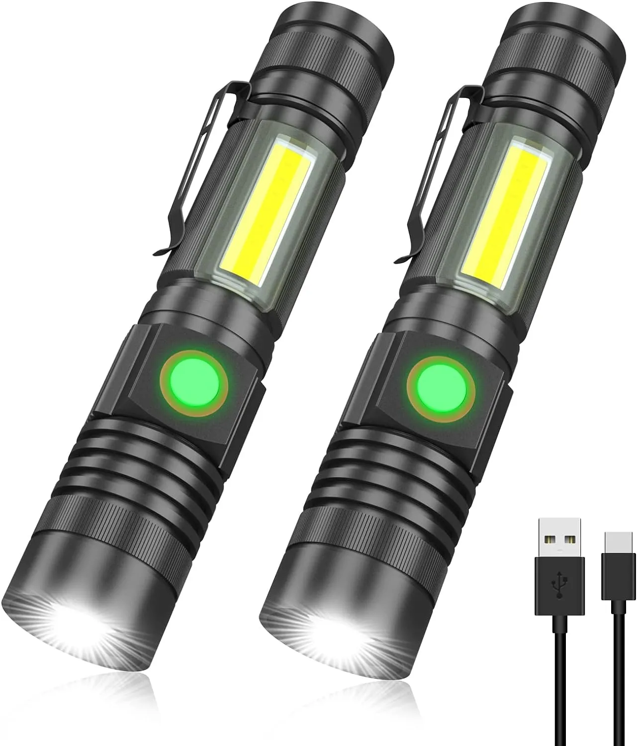 Rechargeable Tactical Flashlight, USB Magnetic Flashlights with COB Flash Light - 4 Models, Zoomable, Waterproof, LED Tactical Flashlight High Lumen Bright for Indoor Outdoor Camping 2 Pack