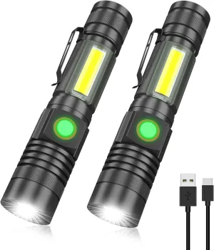 Rechargeable Tactical Flashlight, USB Magnetic Flashlights with COB Flash Light - 4 Models, Zoomable, Waterproof, LED Tactical Flashlight High Lumen Bright for Indoor Outdoor Camping 2 Pack