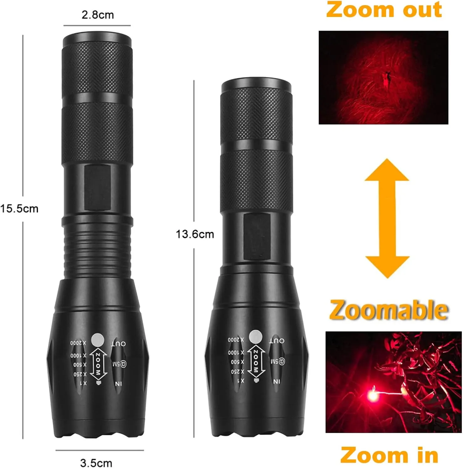 Red Light LED Flashlight 1000 Lumens Hunting Tactical Predator Light 250 Yards Red Beam Signal Flashlights 1 Mode Zoomable Waterproof Torch for Night Vision Astronomy Fishing (No Battery Included)