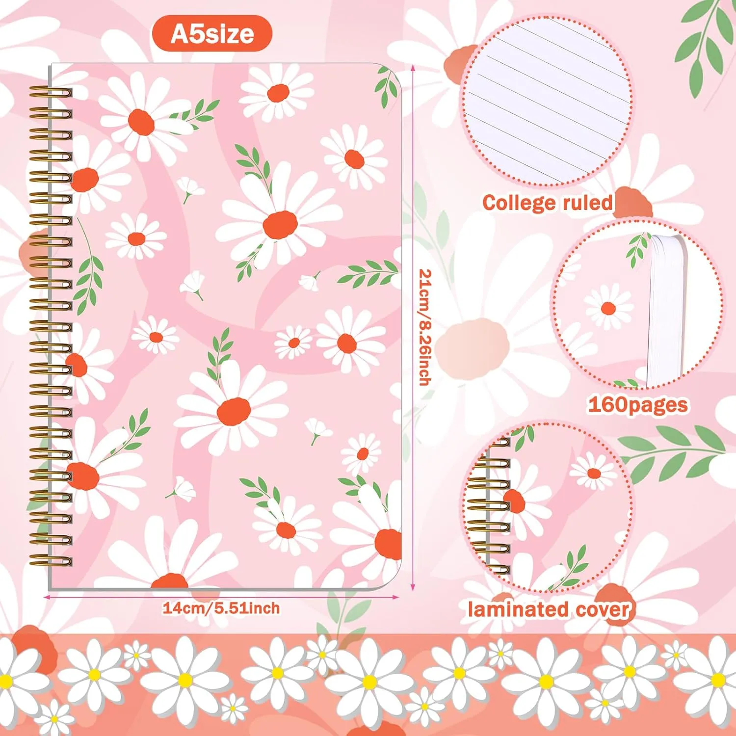 Resurhang 6 Pack A5 Daisy Spiral Notebooks Preppy Journal Cute Aesthetic Hardcover Ruled Notebooks with Ballpoint Pens for Office School Day Classroom Prize, 5. 8 x 8. 3 Inches