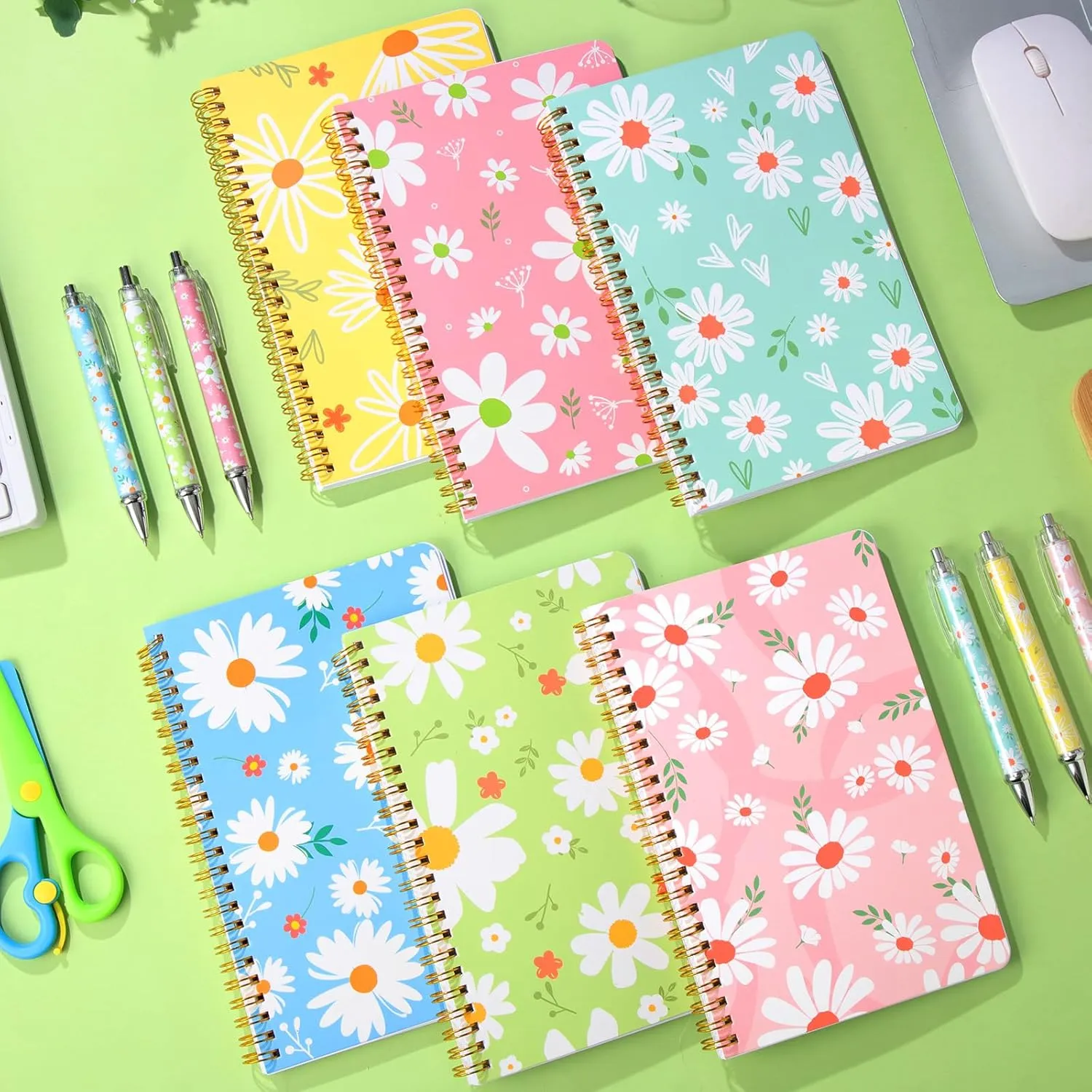 Resurhang 6 Pack A5 Daisy Spiral Notebooks Preppy Journal Cute Aesthetic Hardcover Ruled Notebooks with Ballpoint Pens for Office School Day Classroom Prize, 5. 8 x 8. 3 Inches