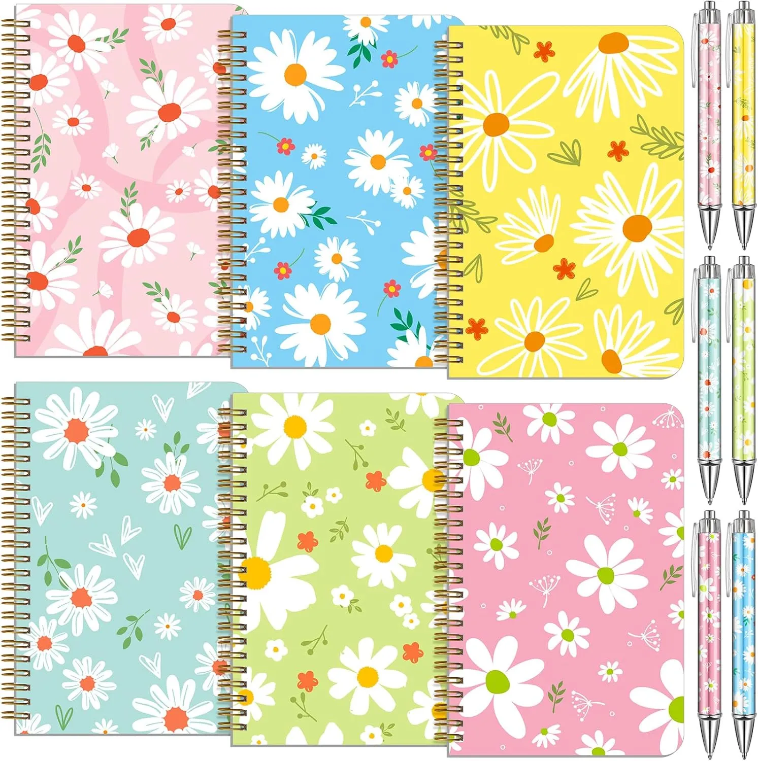 Resurhang 6 Pack A5 Daisy Spiral Notebooks Preppy Journal Cute Aesthetic Hardcover Ruled Notebooks with Ballpoint Pens for Office School Day Classroom Prize, 5. 8 x 8. 3 Inches