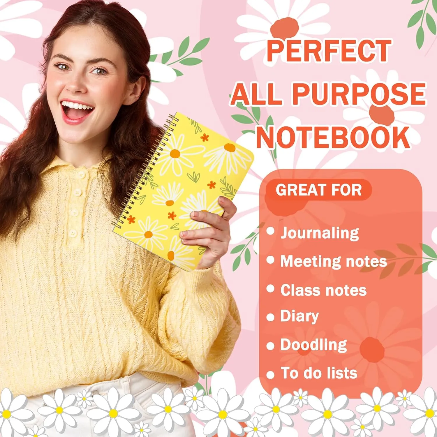 Resurhang 6 Pack A5 Daisy Spiral Notebooks Preppy Journal Cute Aesthetic Hardcover Ruled Notebooks with Ballpoint Pens for Office School Day Classroom Prize, 5. 8 x 8. 3 Inches