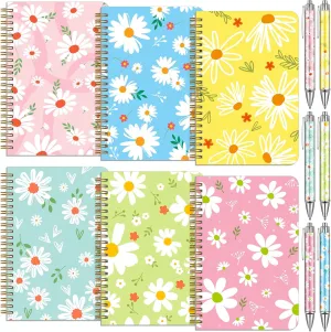 Resurhang 6 Pack A5 Daisy Spiral Notebooks Preppy Journal Cute Aesthetic Hardcover Ruled Notebooks with Ballpoint Pens for Office School Day Classroom Prize, 5. 8 x 8. 3 Inches