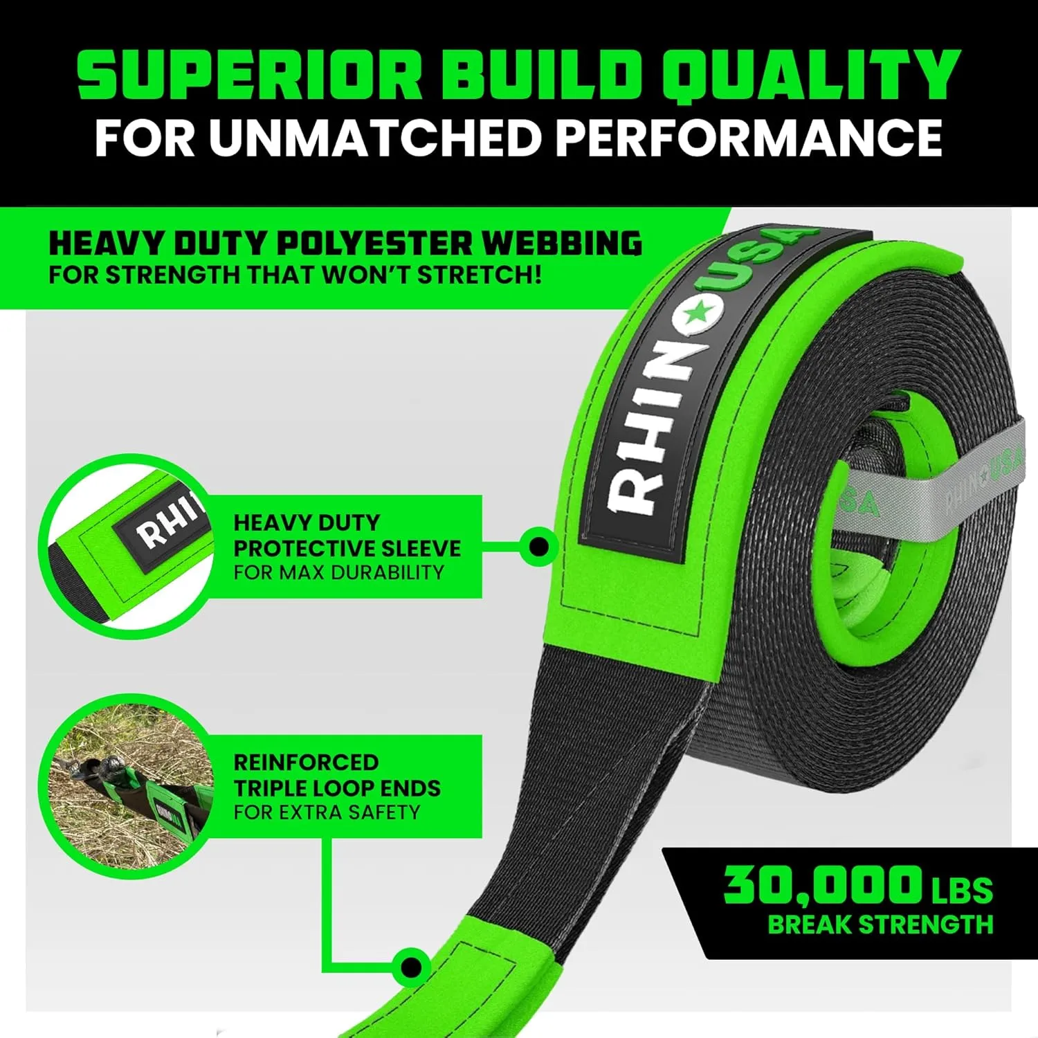 Rhino USA Tree Saver Tow Strap (3" x 8') - 31,518lb Break Strength - Emergency Recovery Strap Winch Extension for Truck, UTV, ATV & More - Heavy Duty Straps Compatible with Jeep, Ford, Toyota (Black)