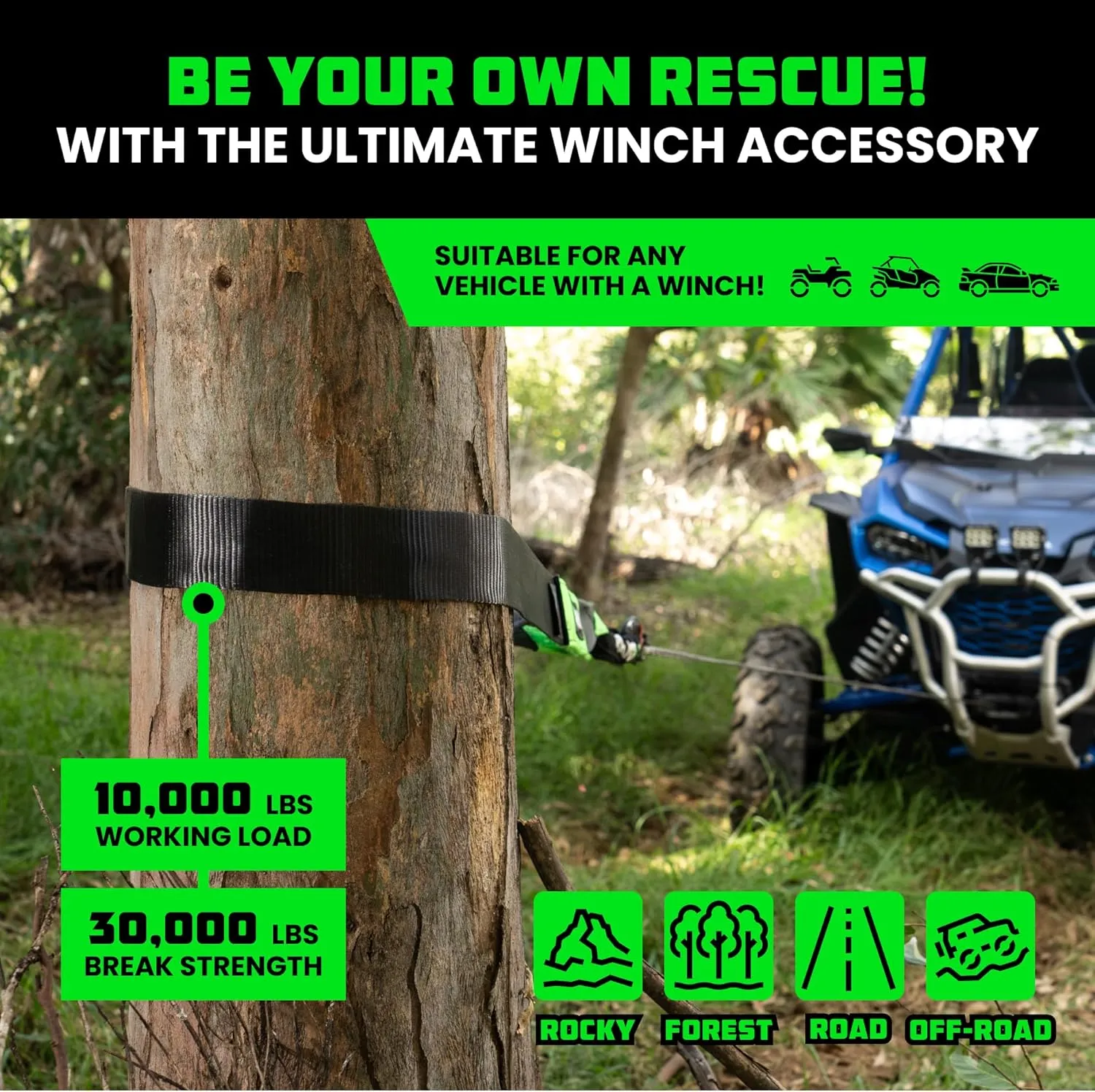 Rhino USA Tree Saver Tow Strap (3" x 8') - 31,518lb Break Strength - Emergency Recovery Strap Winch Extension for Truck, UTV, ATV & More - Heavy Duty Straps Compatible with Jeep, Ford, Toyota (Black)