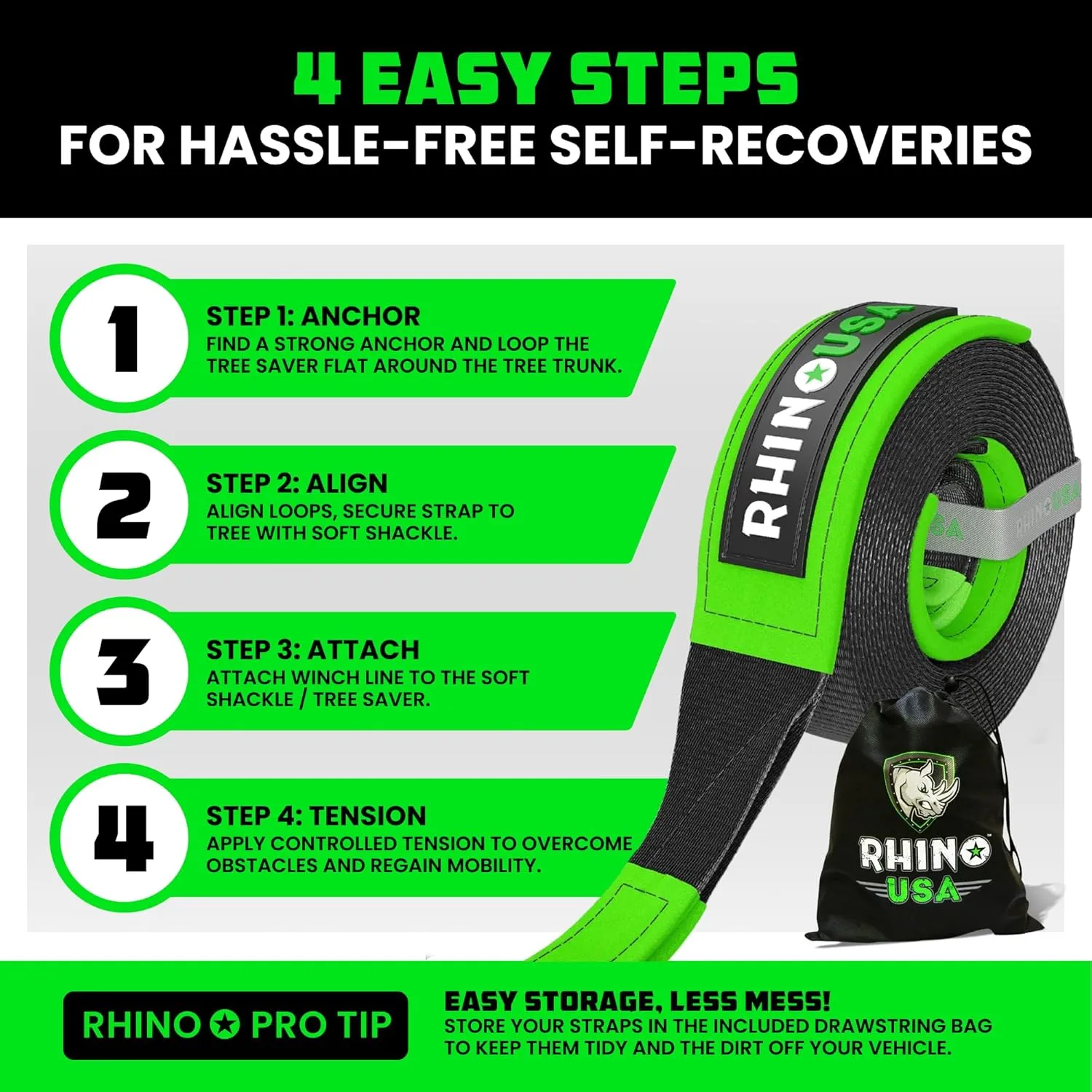 Rhino USA Tree Saver Tow Strap (3" x 8') - 31,518lb Break Strength - Emergency Recovery Strap Winch Extension for Truck, UTV, ATV & More - Heavy Duty Straps Compatible with Jeep, Ford, Toyota (Black)