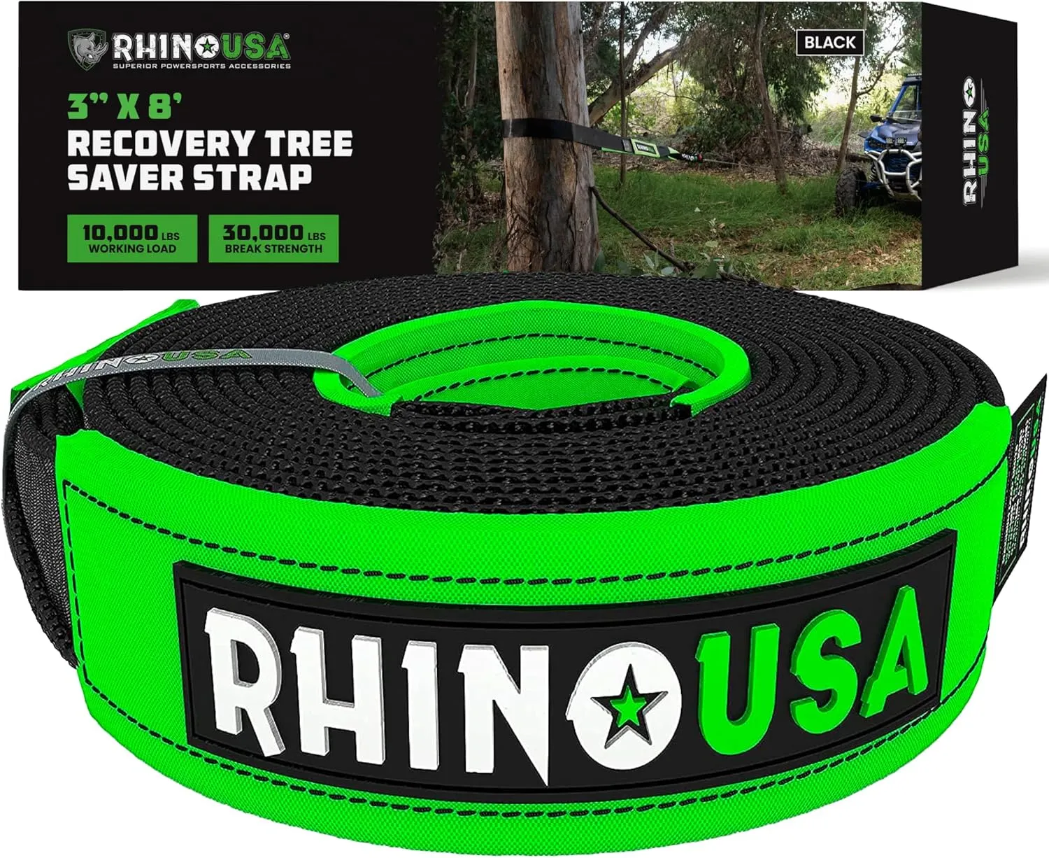 Rhino USA Tree Saver Tow Strap (3" x 8') - 31,518lb Break Strength - Emergency Recovery Strap Winch Extension for Truck, UTV, ATV & More - Heavy Duty Straps Compatible with Jeep, Ford, Toyota (Black)