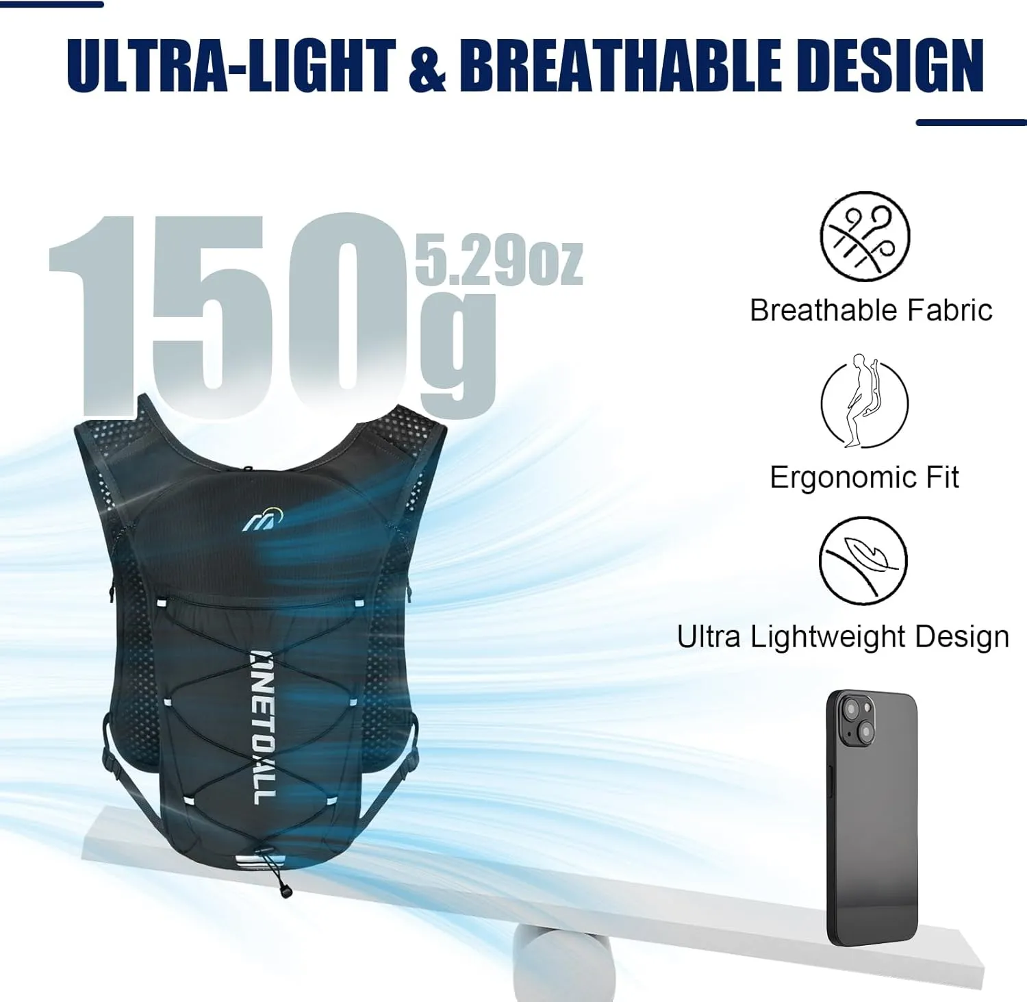 Running Vest for Women & Men, Lightweight 150g Hydration Backpack, 6L Pack for Trail Running, Marathon, Hiking, Cycling, Jogging, Adjustable Fit