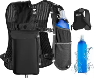 Running Vest for Women Men, Lightweight Hydration Runner Vest with Transparent Waterproof Phone Pocket, 17oz Soft Flask, Adjustable Chest Straps Reflective Backpack for Hiking Cycling Jogging