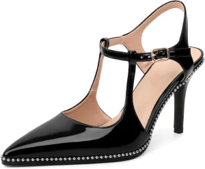 SAMMITOP Womens High Heels Pointed Toe Ankle Strap Pumps Silver Beaded T-Strap Stilettos Sexy Heeled Office Wedding Dress Shoes 3.5 Inch