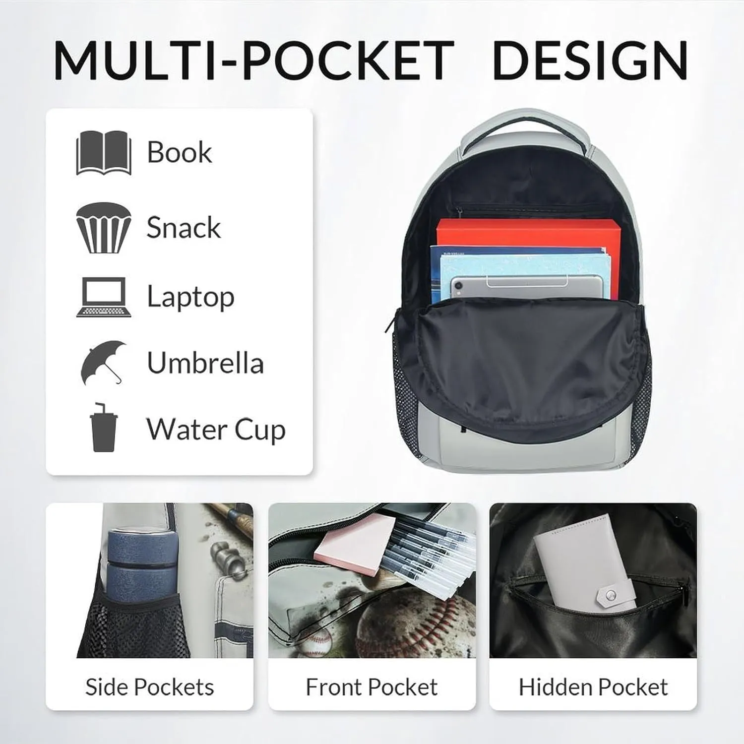 School Backpack for Boys - Custom Baseball Bookbag - Lightweight Durable Large Capacity - 17 Inch White Kid Backpack for School, Travel and Camp