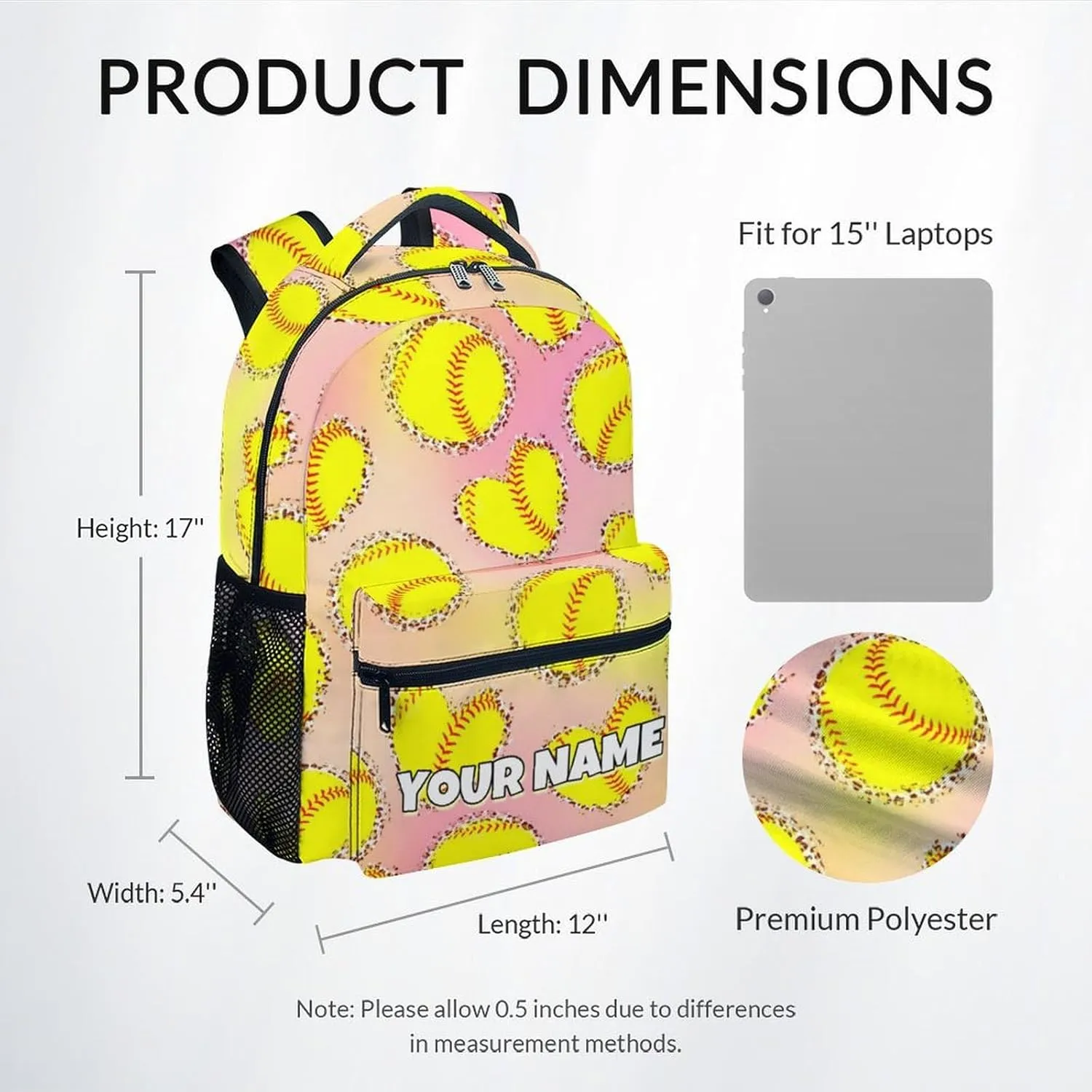 School Backpack for Girls - Custom Softball Bookbag - Lightweight Durable Large Capacity - 17 Inch Yellow Kid Backpack for School, Travel and Camp