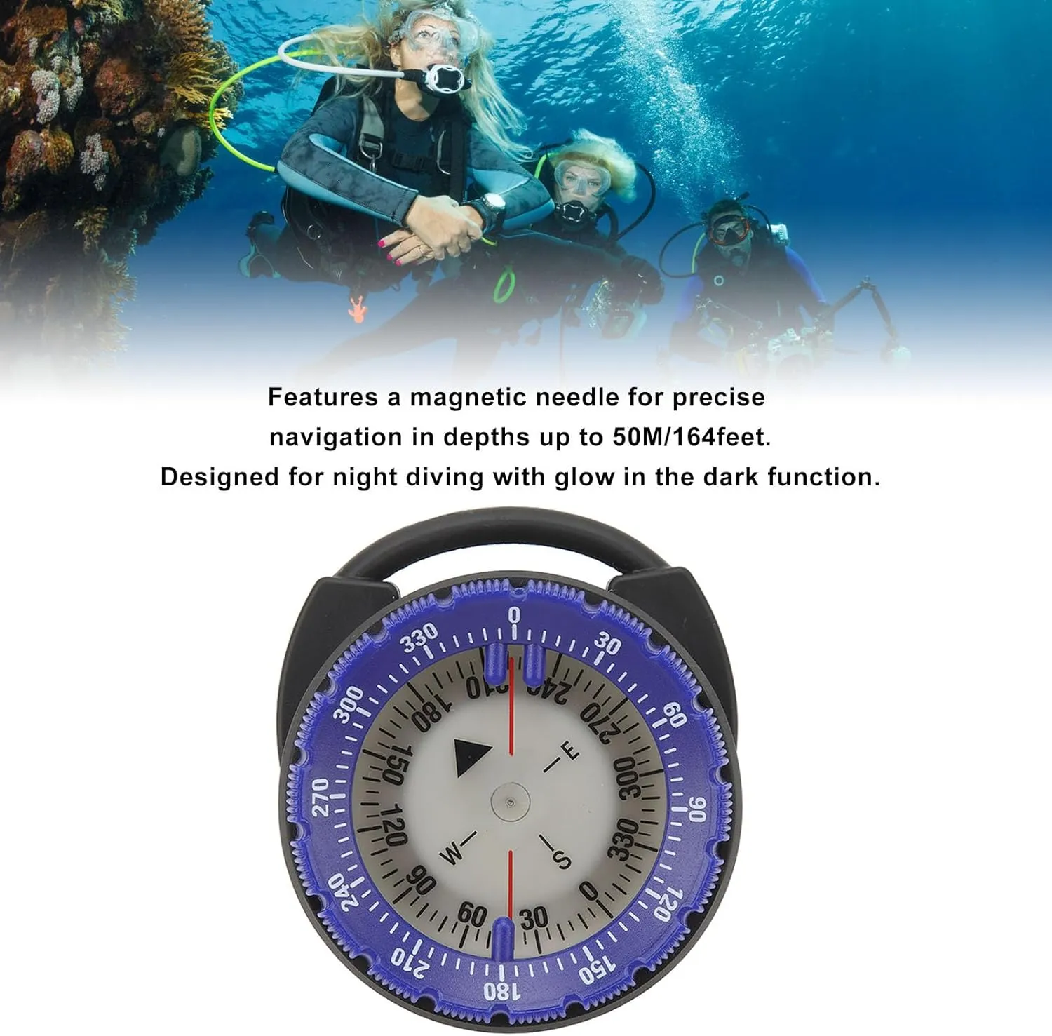 Scuba Diving Compass Module, 50M Underwater Diving Compass, Glow in The Dark Waterproof Dive Compass for Scuba Diving Water Sports