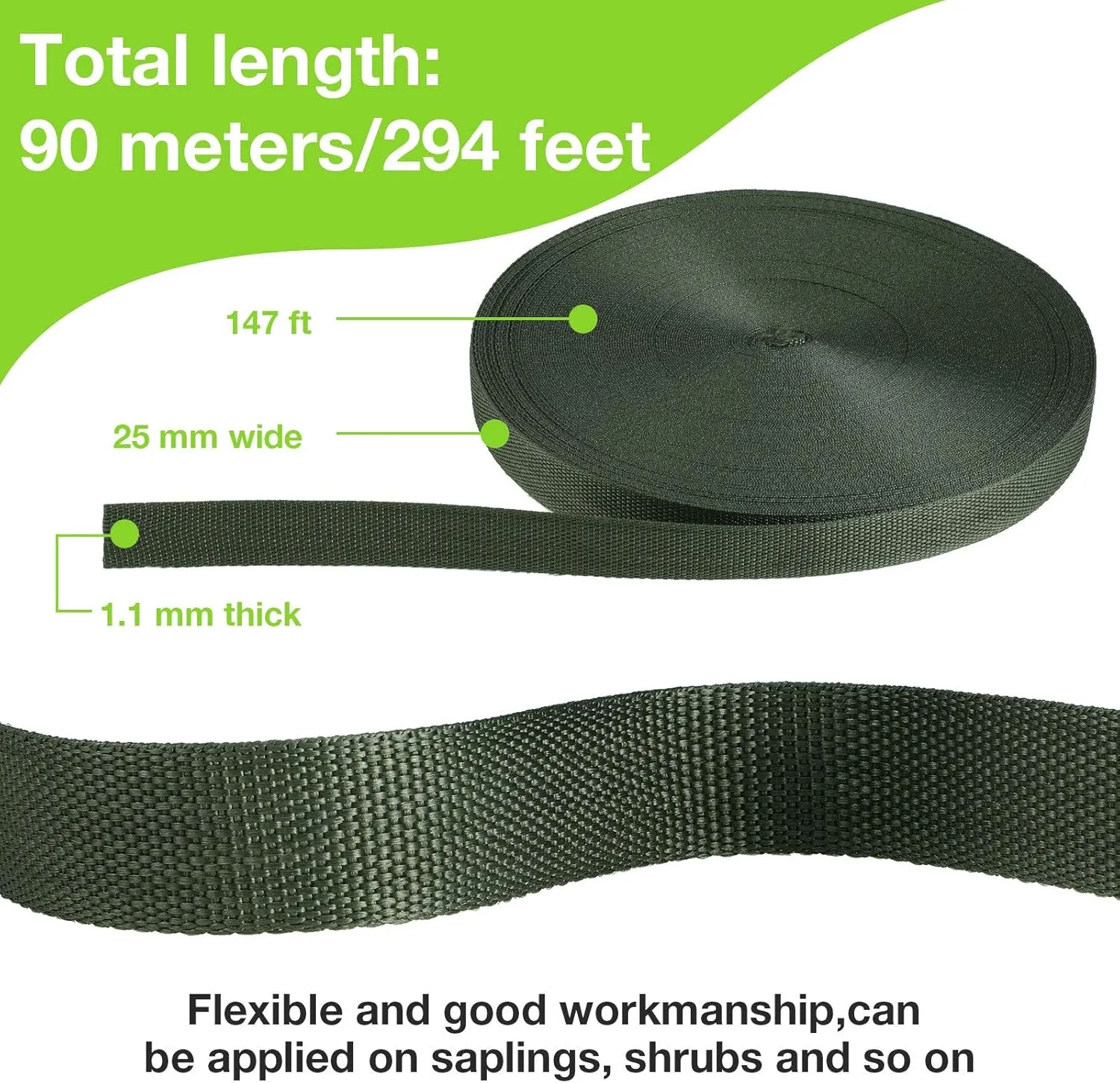 Shappy Tree Tie Strap Garden Webbing Strap Garden Plant Supports Tree Tie Staking for Outdoor Use, Plant Supports, Grafting, Straightening Supplies(Dark Green,295 Feet x 1 Inch)