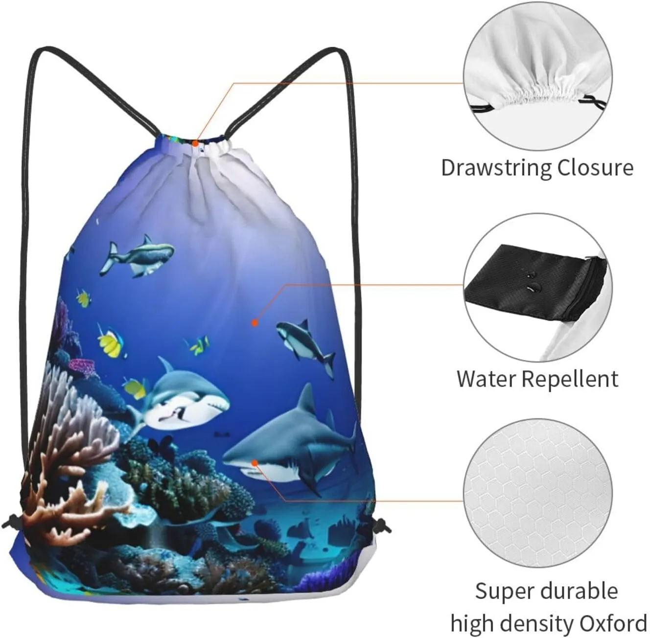 Shark Swimming Under The Sea Drawstring Cinch Backpack Polyester Sack Pack String Bag For Hiking Camping Adventure