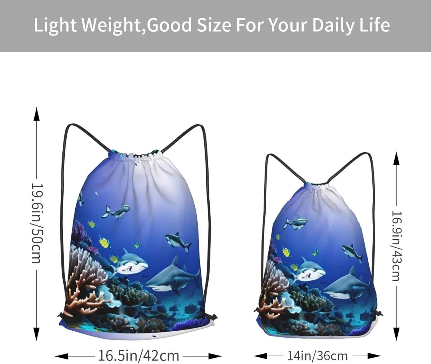 Shark Swimming Under The Sea Drawstring Cinch Backpack Polyester Sack Pack String Bag For Hiking Camping Adventure