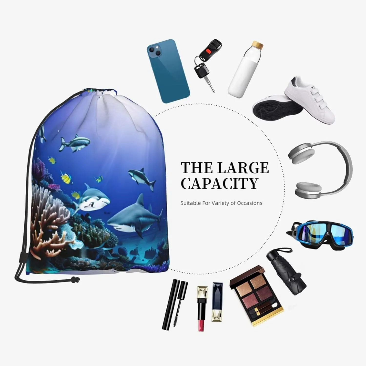 Shark Swimming Under The Sea Drawstring Cinch Backpack Polyester Sack Pack String Bag For Hiking Camping Adventure