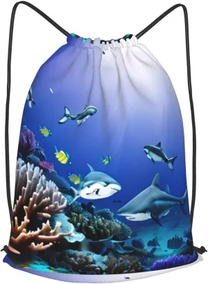 Shark Swimming Under The Sea Drawstring Cinch Backpack Polyester Sack Pack String Bag For Hiking Camping Adventure