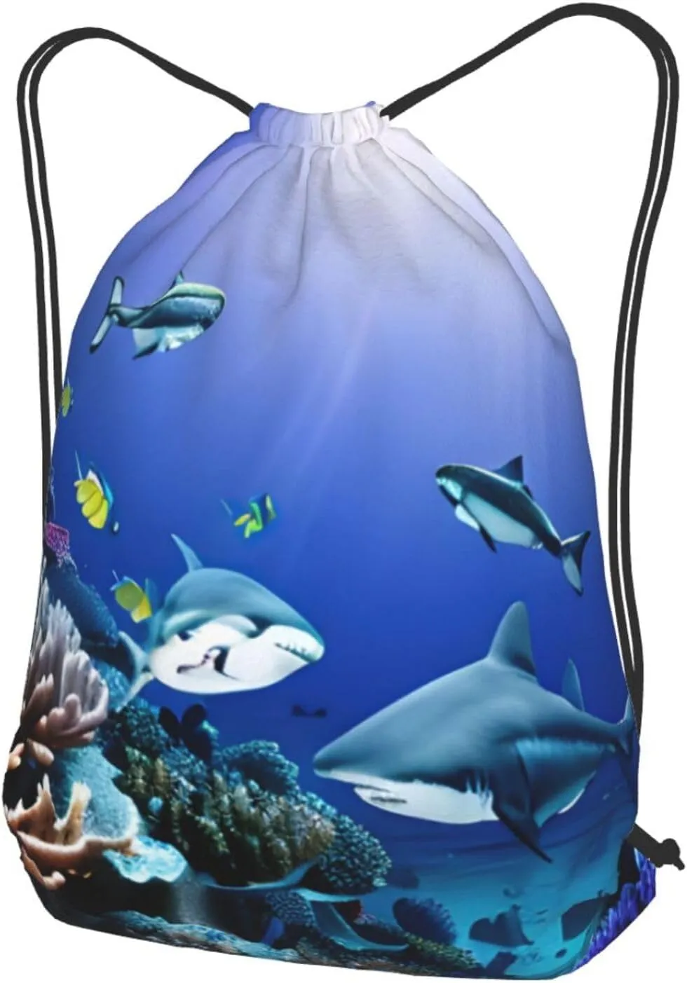 Shark Swimming Under The Sea Drawstring Cinch Backpack Polyester Sack Pack String Bag For Hiking Camping Adventure