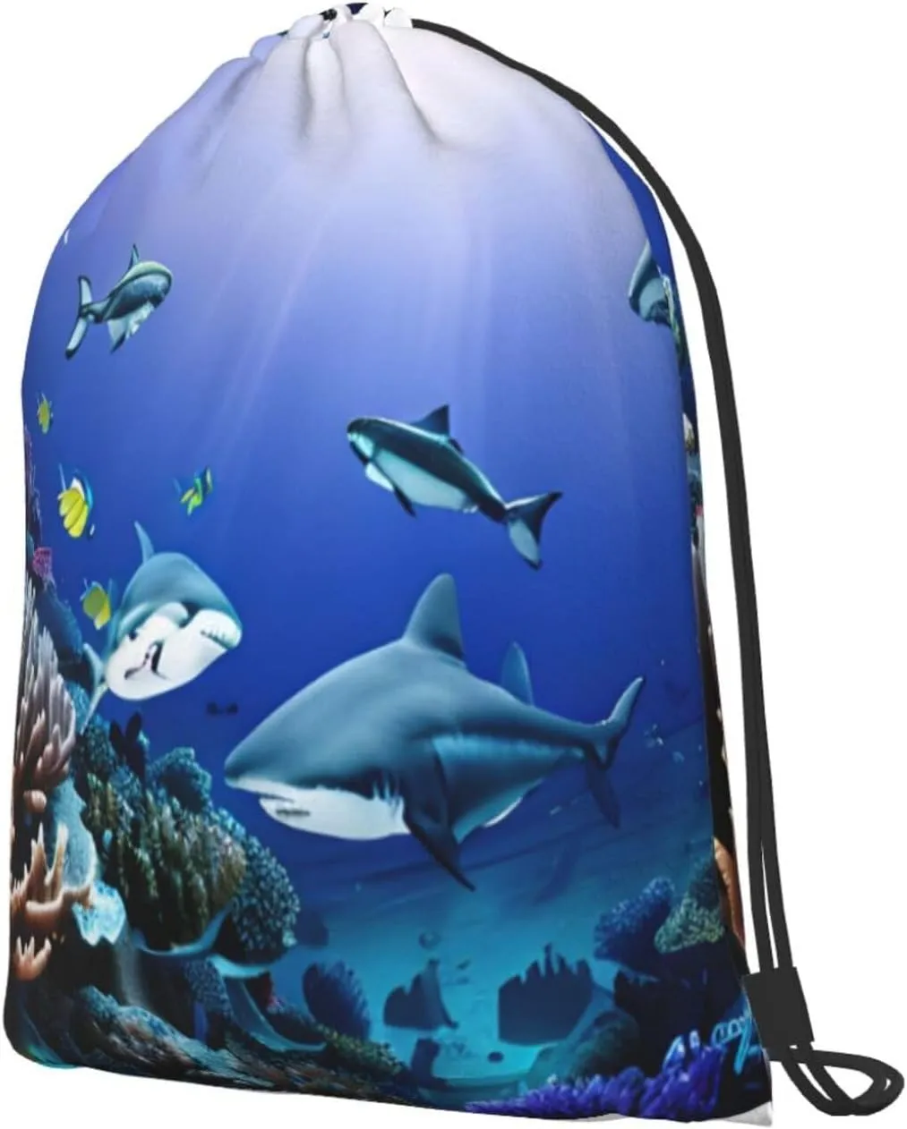 Shark Swimming Under The Sea Drawstring Cinch Backpack Polyester Sack Pack String Bag For Hiking Camping Adventure