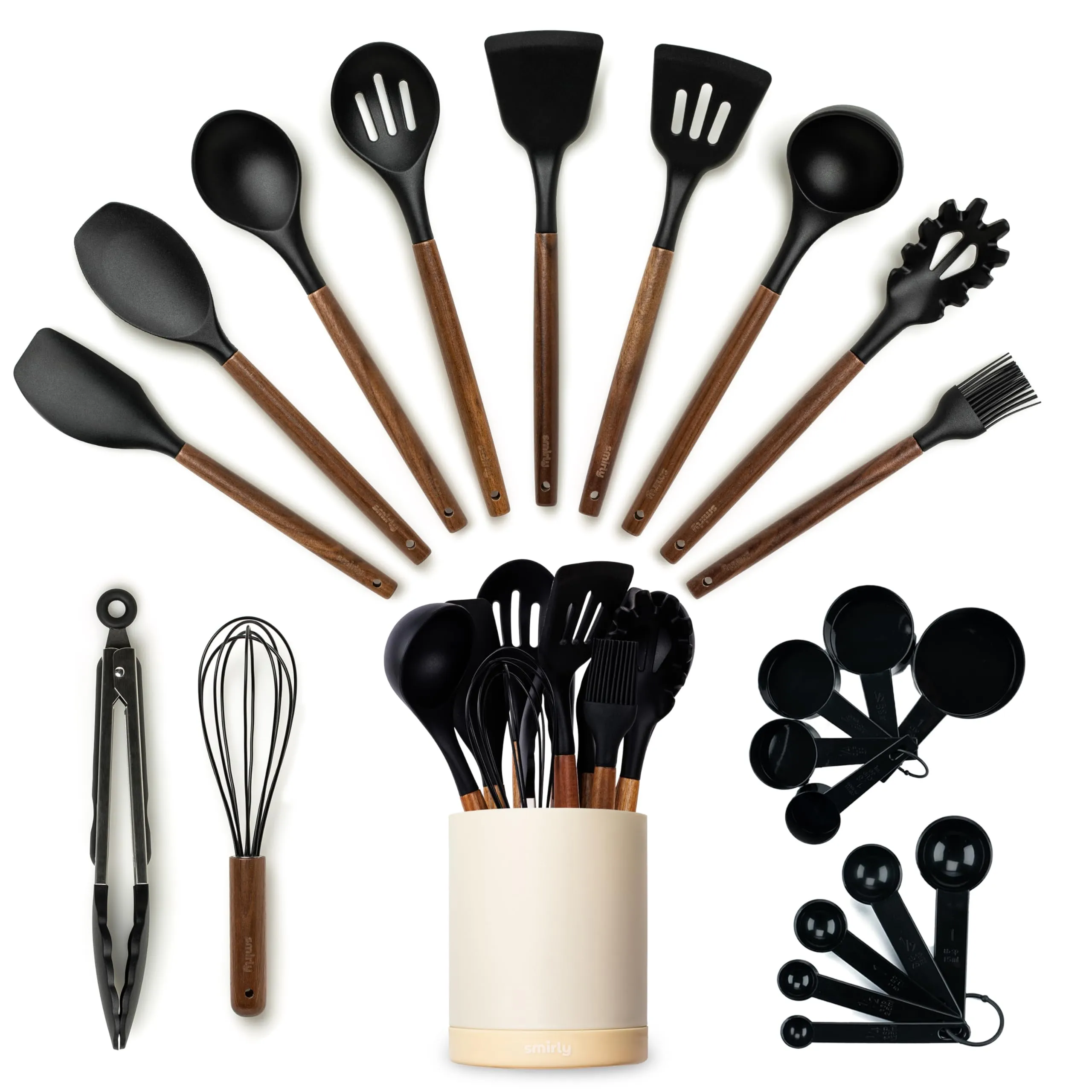 Silicone Kitchen Utensils Set & Holder: Cooking Utensils Set - Kitchen Essentials for New Home & 1st Apartment- Silicone Spatula Set, Cooking Spoons for Nonstick Cookware (Acacia Wood, Black)