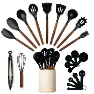 Silicone Kitchen Utensils Set & Holder: Cooking Utensils Set - Kitchen Essentials for New Home & 1st Apartment- Silicone Spatula Set, Cooking Spoons for Nonstick Cookware (Acacia Wood, Black)