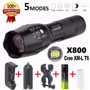 Sky Wolf Eye Rechargeable Flashlight  Zoomable Military Torch include 18650 3000mAh 3.7V Rechargeable Batery A22