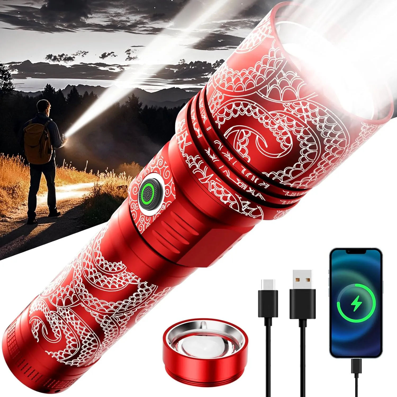 SKYFIRE Rechargeable Flashlights 4000 High Lumens with Ignition Lens, Gifts for Men Dad Fathers Day LED Super Bright Zoomable Powerful Flashlight, 5 Modes Waterproof Handheld Flash Light