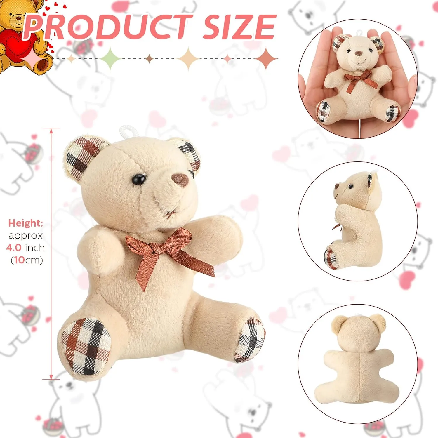 Skylety 16 Pcs Mini Plush Bear Bulk 4 Inch Bear Stuffed Animal Toy Doll Small Soft Keychain for Birthday Baby Shower Wedding Party Favor Decor(Light Brown, Dark Brown, Pink, Beige)