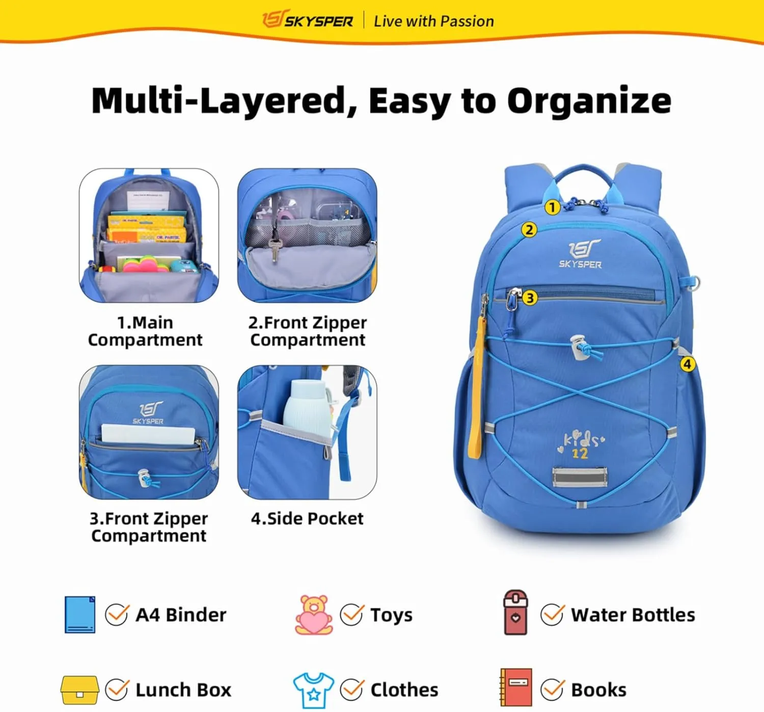 SKYSPER Kids Backpack 12L Children School Bag Child Boy Girl Pack Ages 4-8 for Traveling Day Trips Classes Camping(Blue)