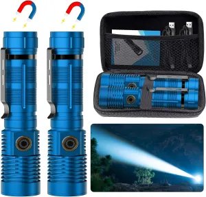 Small Tactical Flashlights High Lumens - 1500 Meters Long Beam Super Bright LED Magnetic Flashlight USB Rechargeable Zoomable 5Modes Long Beam Spotlight Flashlight for Hiking, Camping-Blue