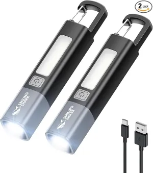 Smiling Shark LED Flashlight 2 Pack, G1 Flash Light Black 3 Modes Zoomable Focus White Sidelight Small Waterproof Powerful Super Bright Torch Light Emergency,Mini-Rechargeable-LED-Flashlight-Camping