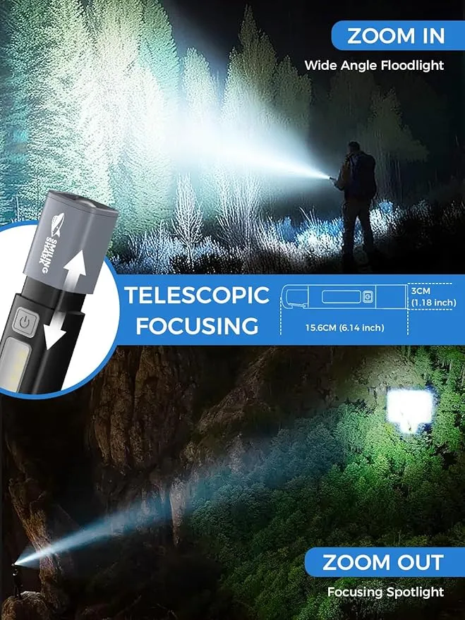 Smiling Shark LED Flashlight 2 Pack, G1 Flash Light Black 3 Modes Zoomable Focus White Sidelight Small Waterproof Powerful Super Bright Torch Light Emergency,Mini-Rechargeable-LED-Flashlight-Camping