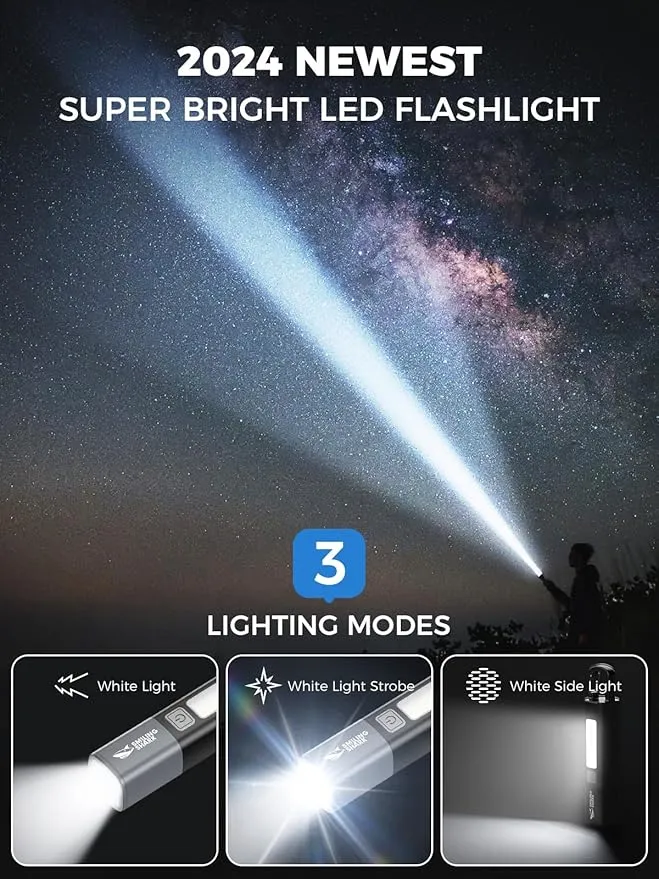 Smiling Shark LED Flashlight 2 Pack, G1 Flash Light Black 3 Modes Zoomable Focus White Sidelight Small Waterproof Powerful Super Bright Torch Light Emergency,Mini-Rechargeable-LED-Flashlight-Camping