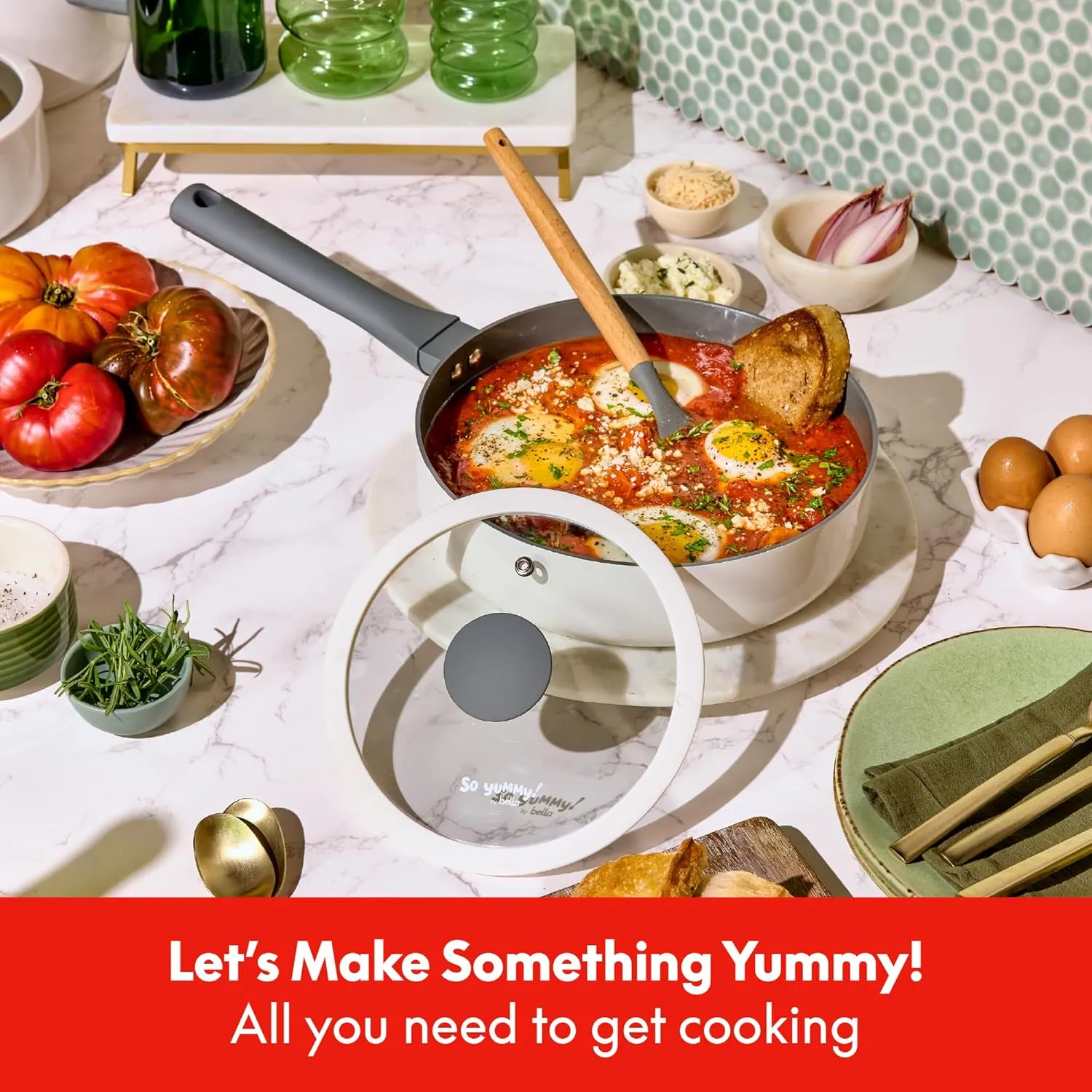 So Yummy by bella 12 Piece Cookware Set w EverGood™ Ceramic Nonstick Coating​ and Silicone & Wood Utensils, Dishwasher Safe Silicone & Glass Lids, Oven Safe & All Stovetop Compatible, Frost, So Yummy