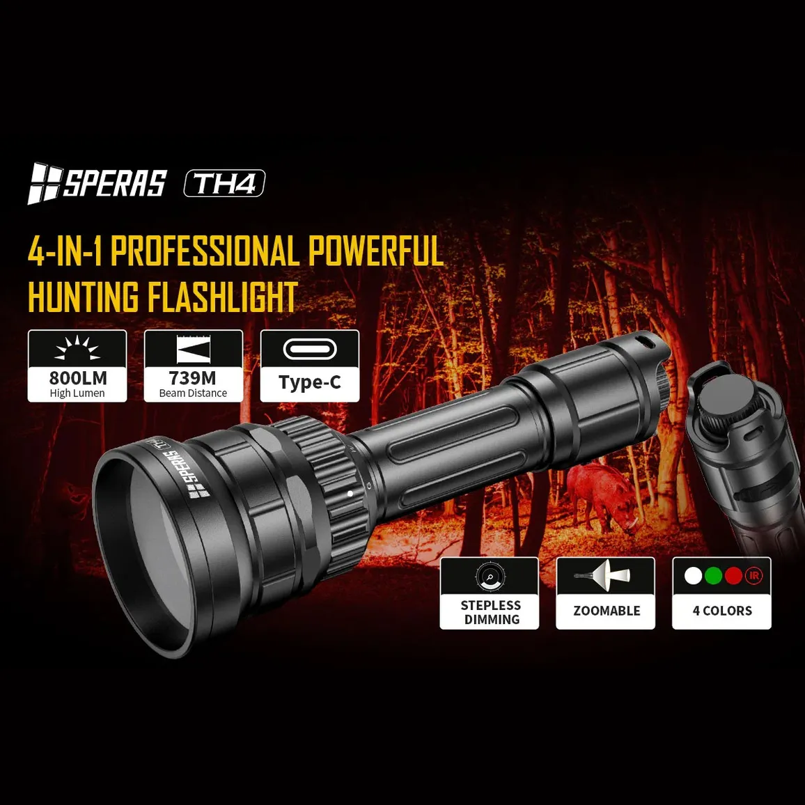 SPERAS TH4 IR KIT Zoomable & Dimmable & Rechargeable 4-in-1 Hunting Flashlight Kit